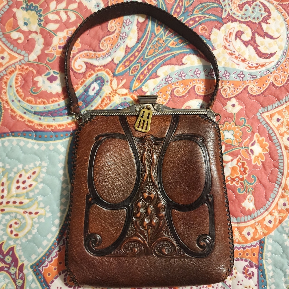 Antique Turnlog Tooled Leather Handbag
